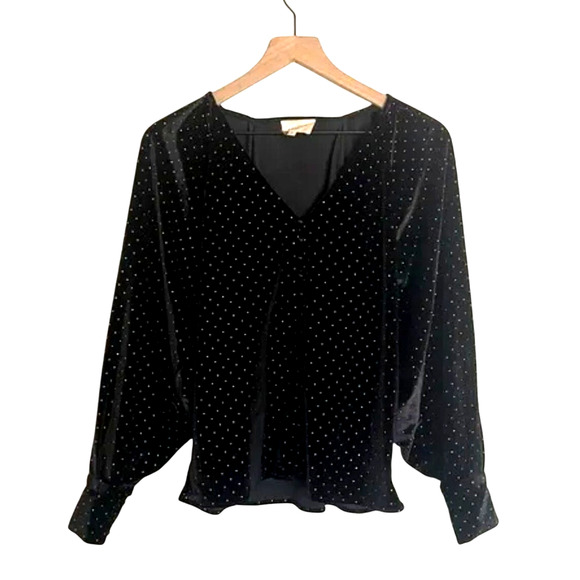 Sezane 12 Erica $228 Black Velvet Top Gold Studded Polka Dots Blouse Stretch 42 - Picture 5 of 9